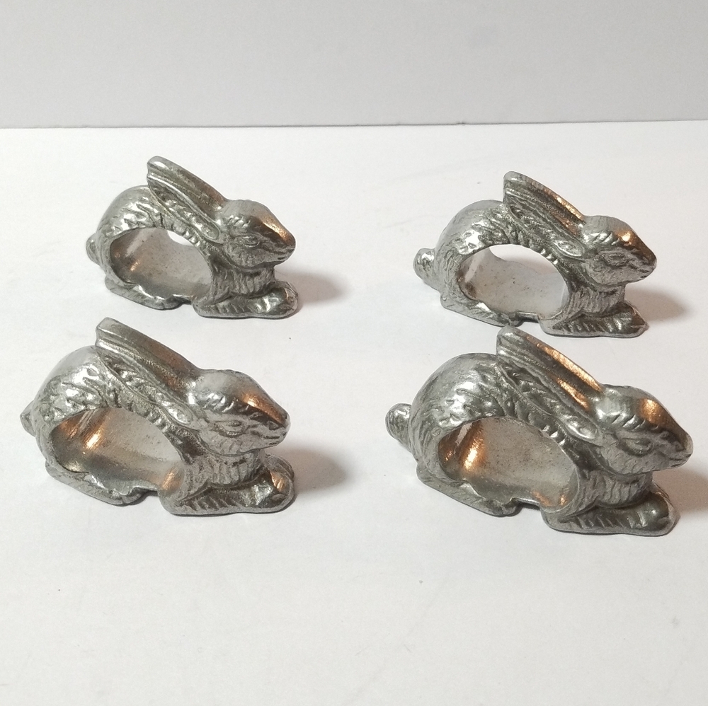 Lot of 4 Pewter Rabbit Napkin Ring Holders Set Vintage Napkin Rings
